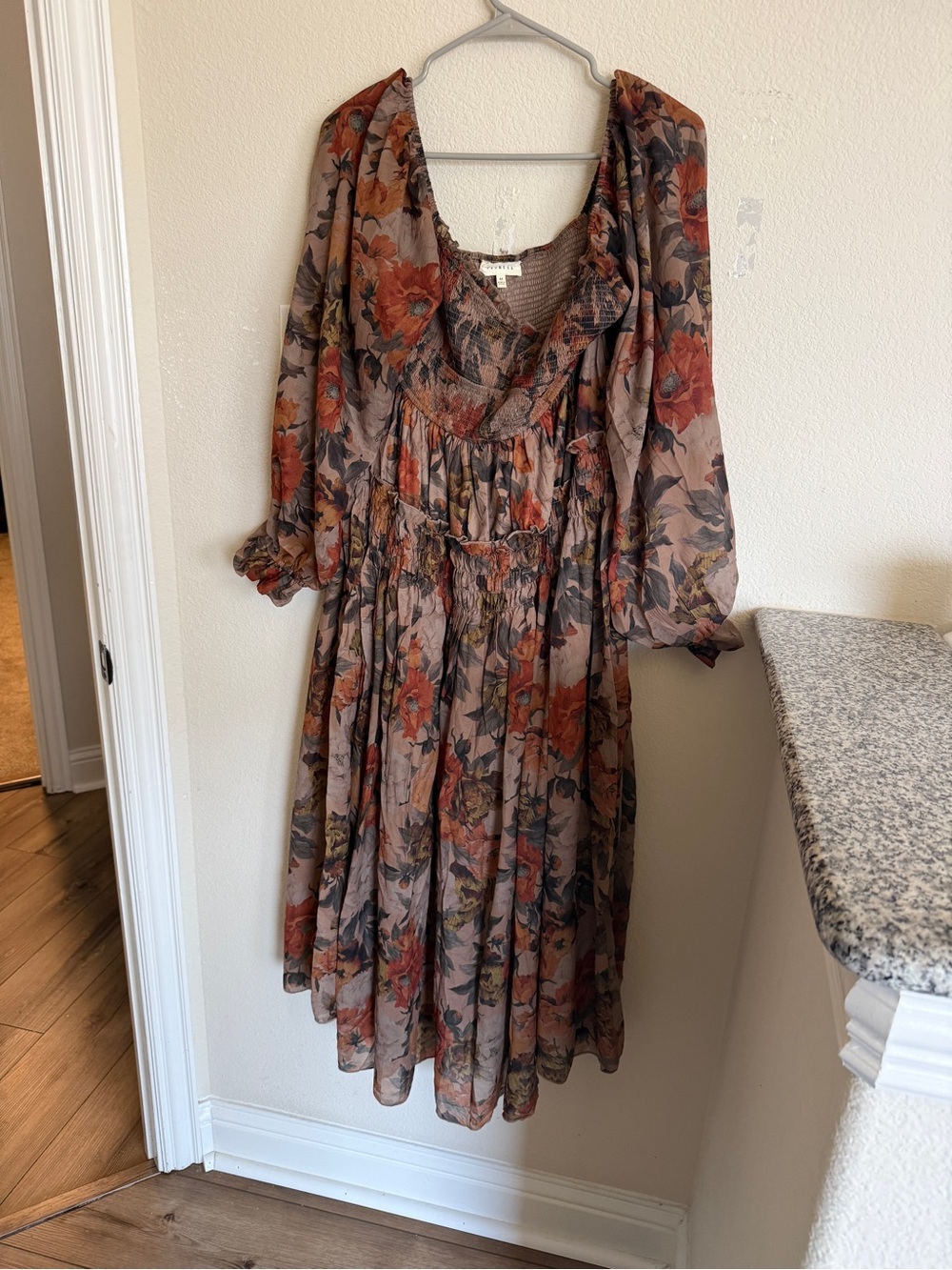Promesa Floral Midi Dress in Rust and Taupe